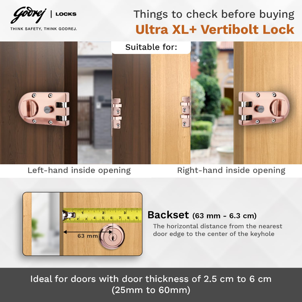Godrej Rim Lock I Vertibolt 1CK Deadbolt I for Inside Opening Wooden Door | Left or Right Handed Doors I 4 Keys I 5-Year Warranty I Manual Locking l Rose Gold Finish